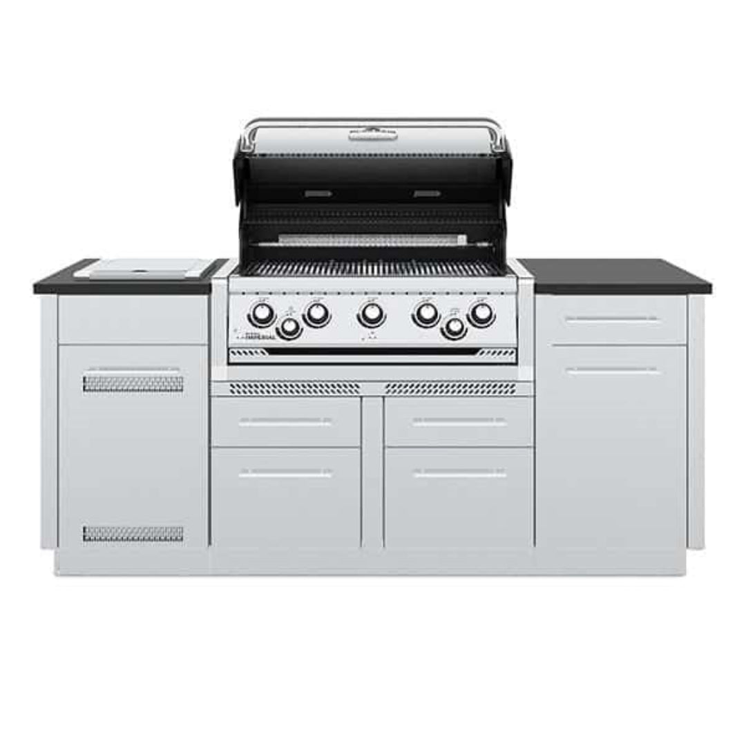 Imperial S 590i built-in stainless steel 5-burner gas grill outdoor kitchen island with side burner, black prep counters and double-door storage cabinets