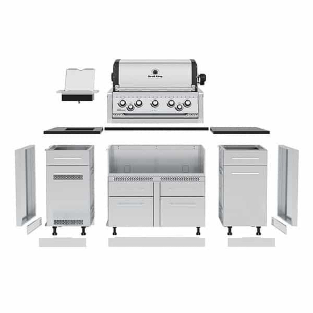 Imperial S-590i stainless steel built-in multi-burner gas grill head and modular outdoor kitchen island package with drop-in side burner, two storage cabinets, double-drawer base and stainless countertop panels