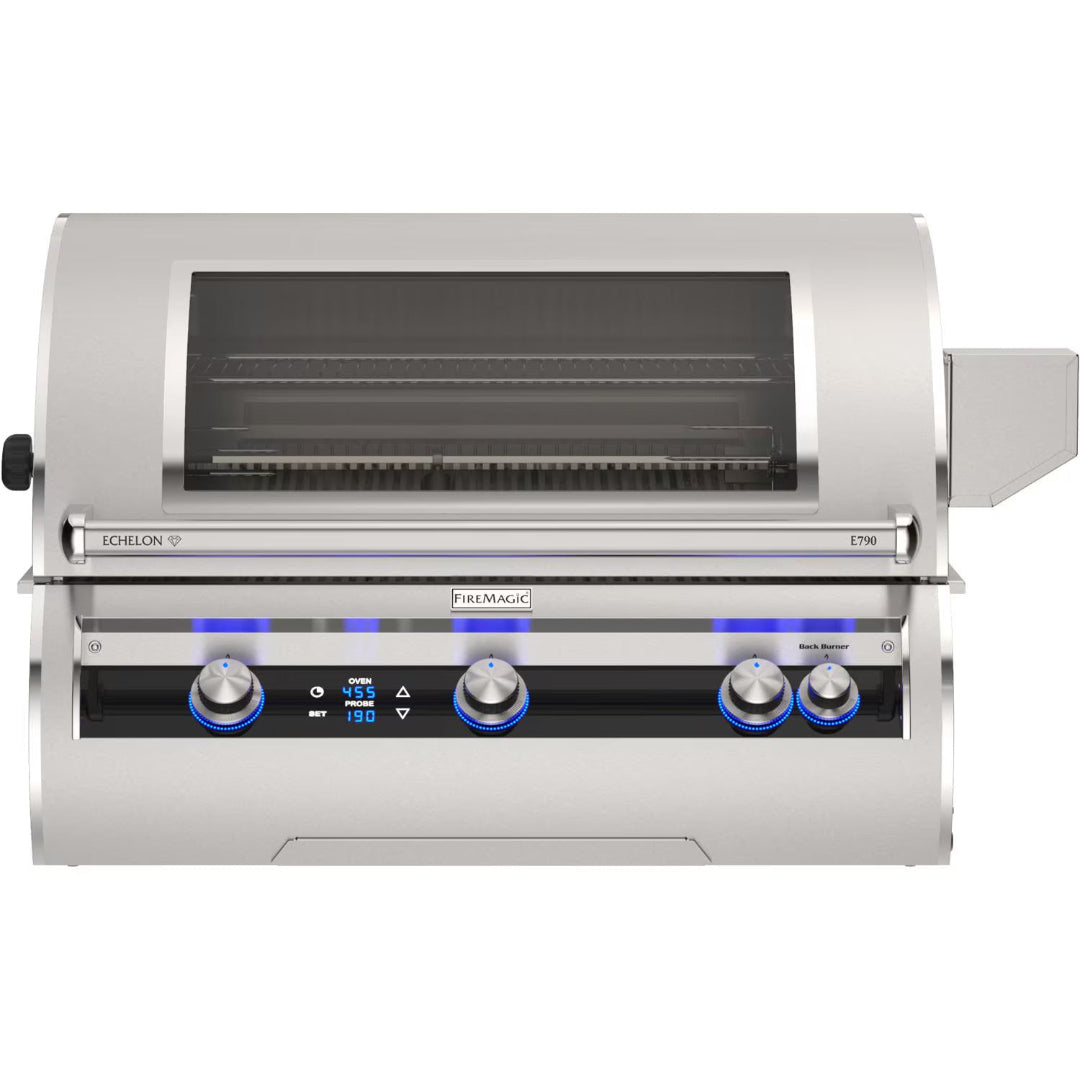 Fire Magic Echelon E790 stainless steel built‑in gas grill for outdoor kitchen with glass viewing window, blue LED control knobs and digital temperature probe display