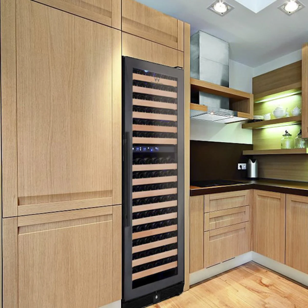 KBU170DX-FG large dual-zone built-in wine refrigerator with glass door, wooden shelving and digital temperature controls integrated into oak kitchen cabinetry