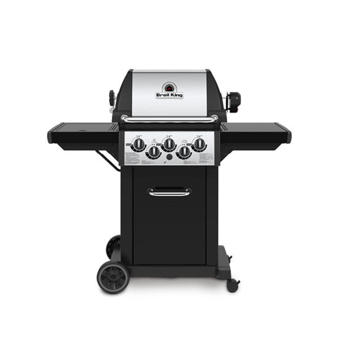 Gas Grill, Broil King, Baron Series, 4-burner propane grill with stainless steel hood and side shelves
