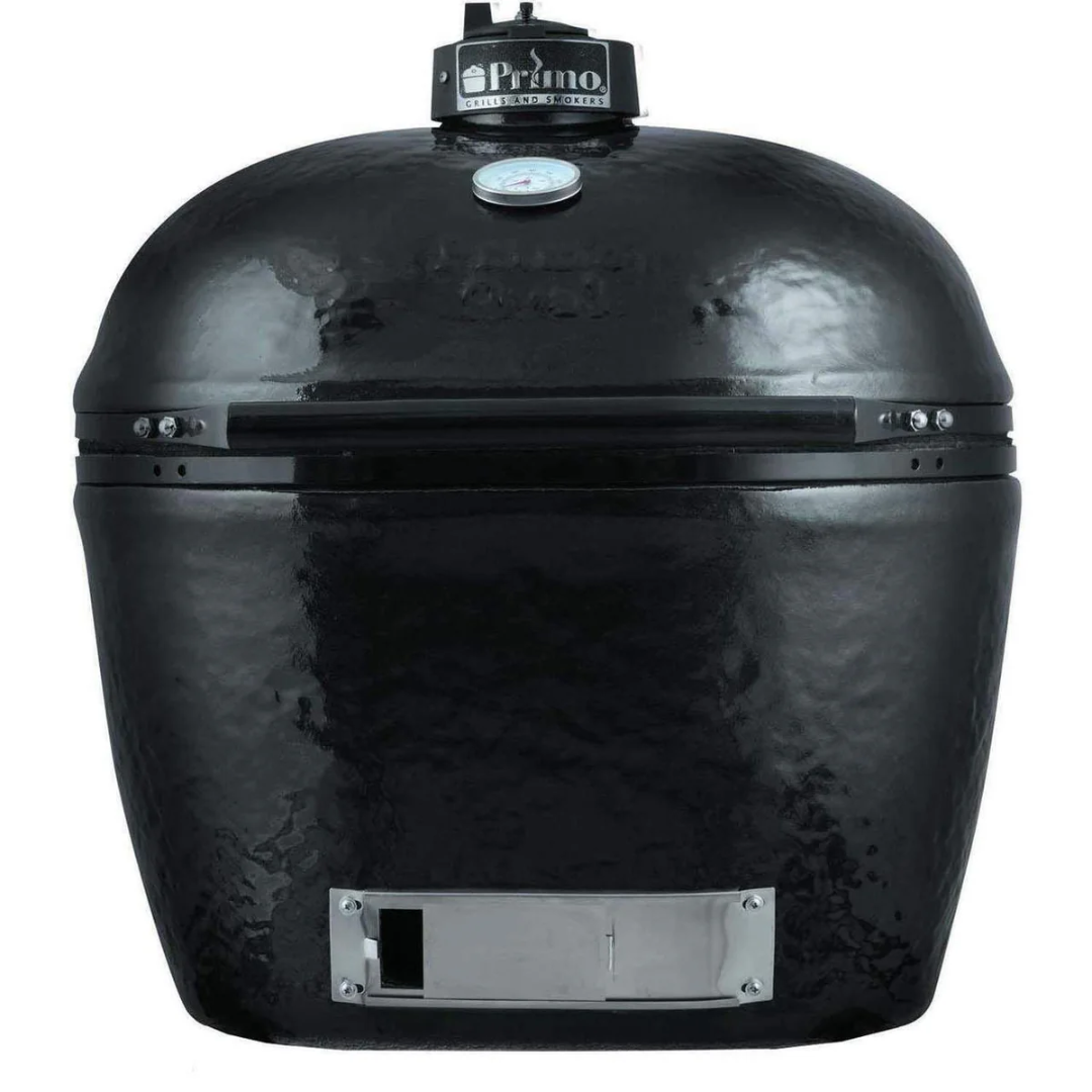 Primo Oval XXL 500 PGCXXLH black ceramic kamado charcoal grill head — replacement dome and base with lid thermometer and stainless lower ash vent for outdoor kitchen