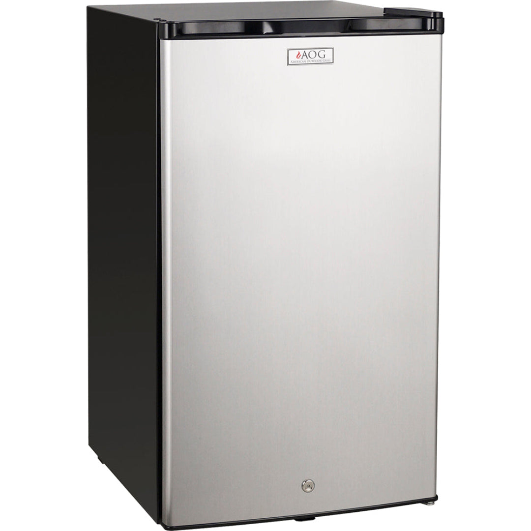 AOG American Outdoor Grill stainless steel lockable compact outdoor beverage refrigerator for patio and outdoor kitchen