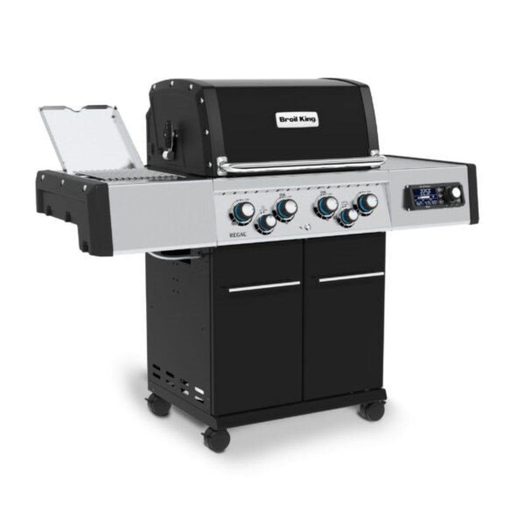 Broil King Regal Q 490 Pro 4-burner stainless steel outdoor gas grill with side burner, digital temperature display, stainless control panel and black storage cart on caster wheels