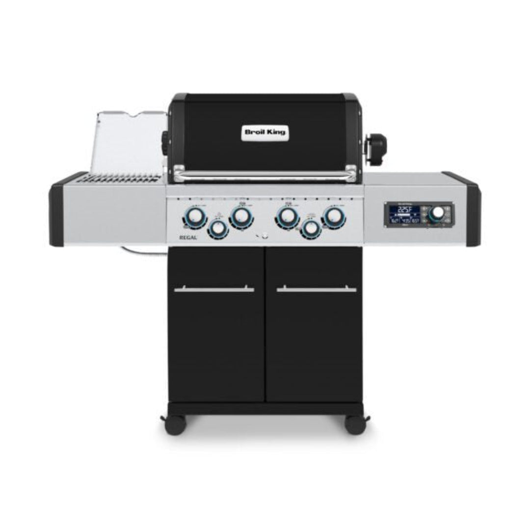 Broil King Regal Q 490 Pro 4-burner stainless steel propane outdoor gas grill with side burner, digital temperature display, black double-door cabinet and caster wheels