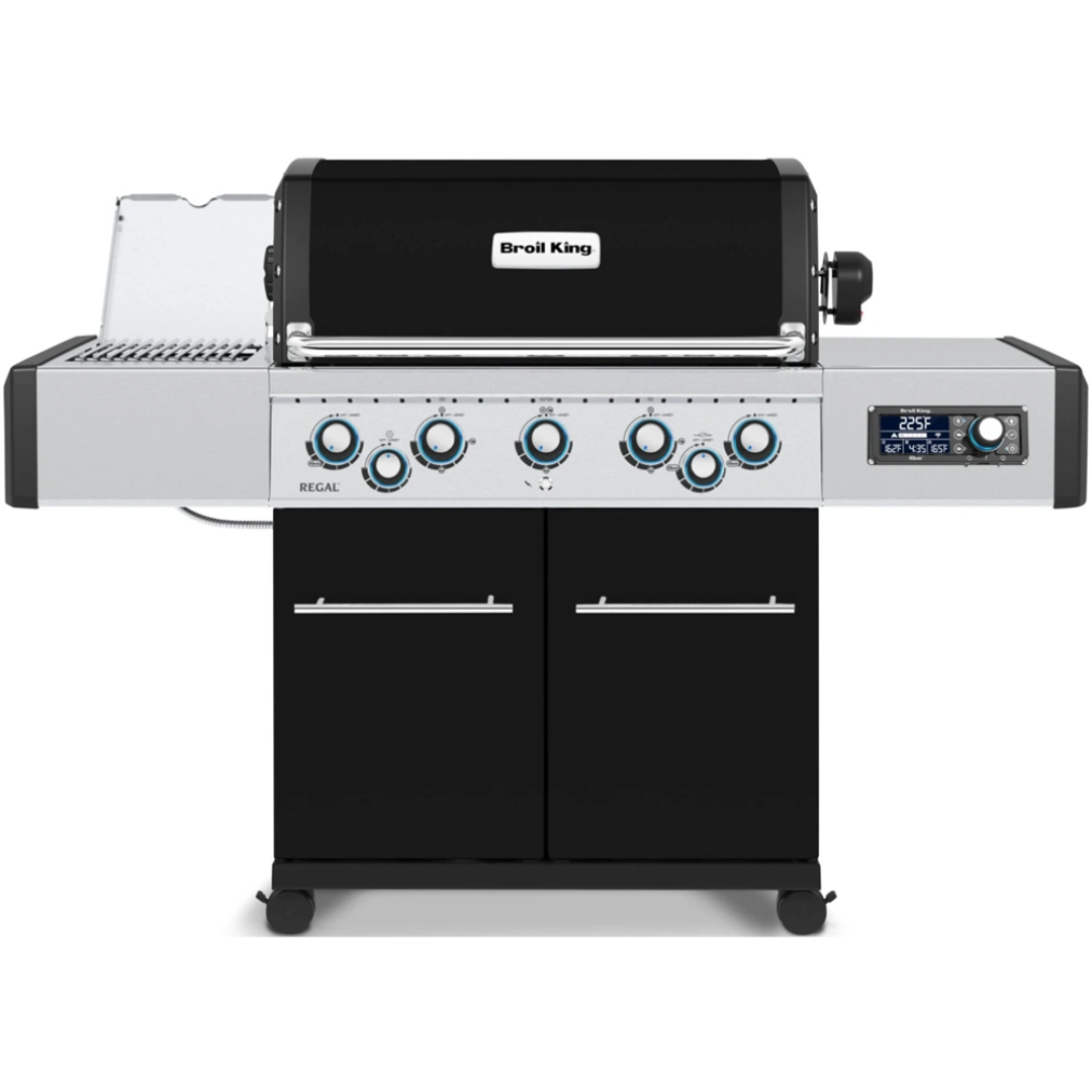 Broil King Regal Q 590 Pro 6-burner stainless steel outdoor gas grill with side burner, digital temperature display and double-door storage cart