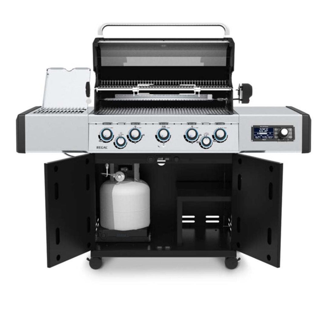 Regal Q 590 Pro2 5-burner stainless steel propane gas grill with side burner, rotisserie kit, digital temperature display and under-cabinet propane tank storage