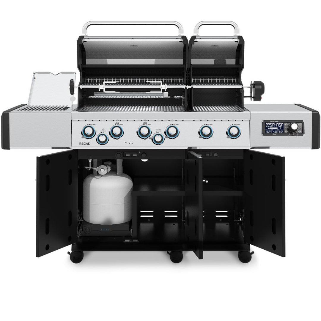 Regal Q 690 IR Pro 6-burner stainless steel outdoor gas grill with dual lids open, infrared sear burner, rotisserie, side burner, digital temperature display and under-cabinet propane tank storage