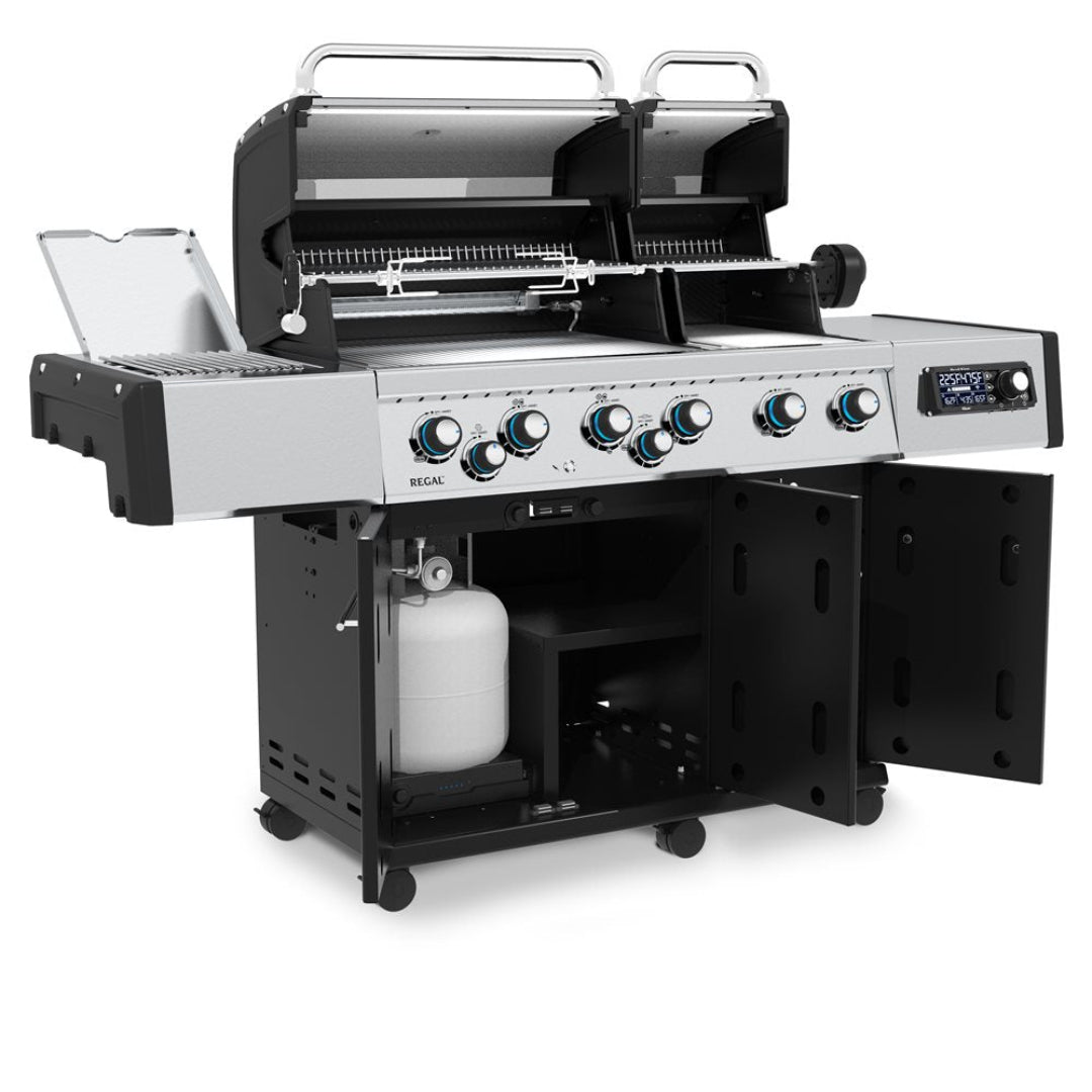 Regal Q 690 IR Pro 6-burner stainless steel outdoor propane gas grill with infrared sear burner, side burner, rotisserie, digital control display and enclosed storage cabinet