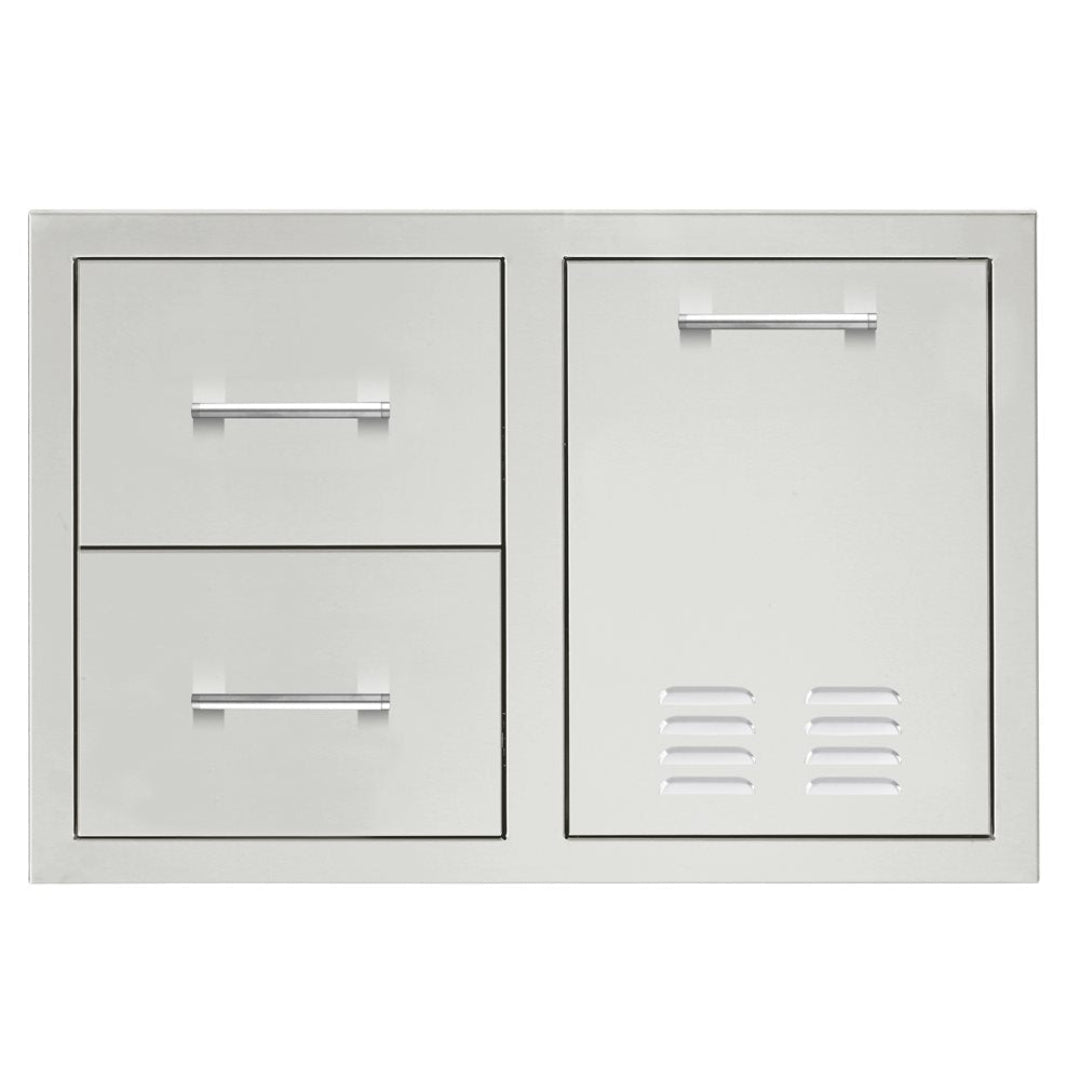 Trueflame TF-DC2-33LP stainless steel built-in outdoor kitchen double-drawer left with vented single-door right access panel, horizontal bar handles