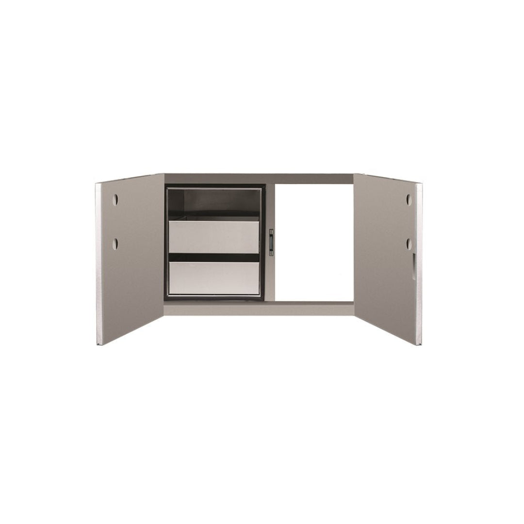 TF-DP-36AC-A 36-inch stainless steel outdoor kitchen access cabinet with double swing doors open showing two internal pull-out drawers