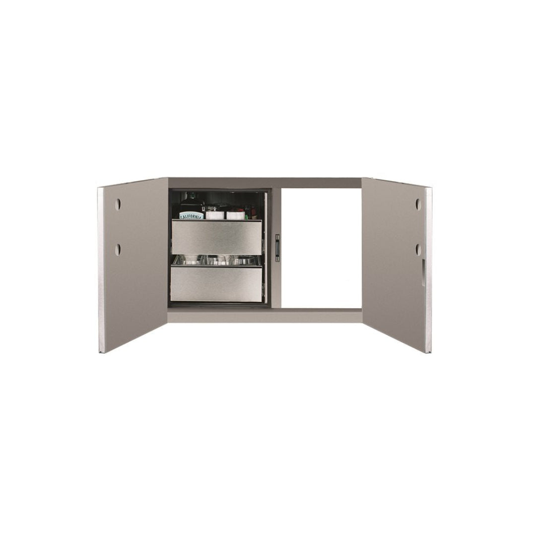TF-DP-36AC-A 36-inch outdoor kitchen double-door access cabinet with two stainless steel pull-out drawers showing open condiment and cookware storage for built-in grill island