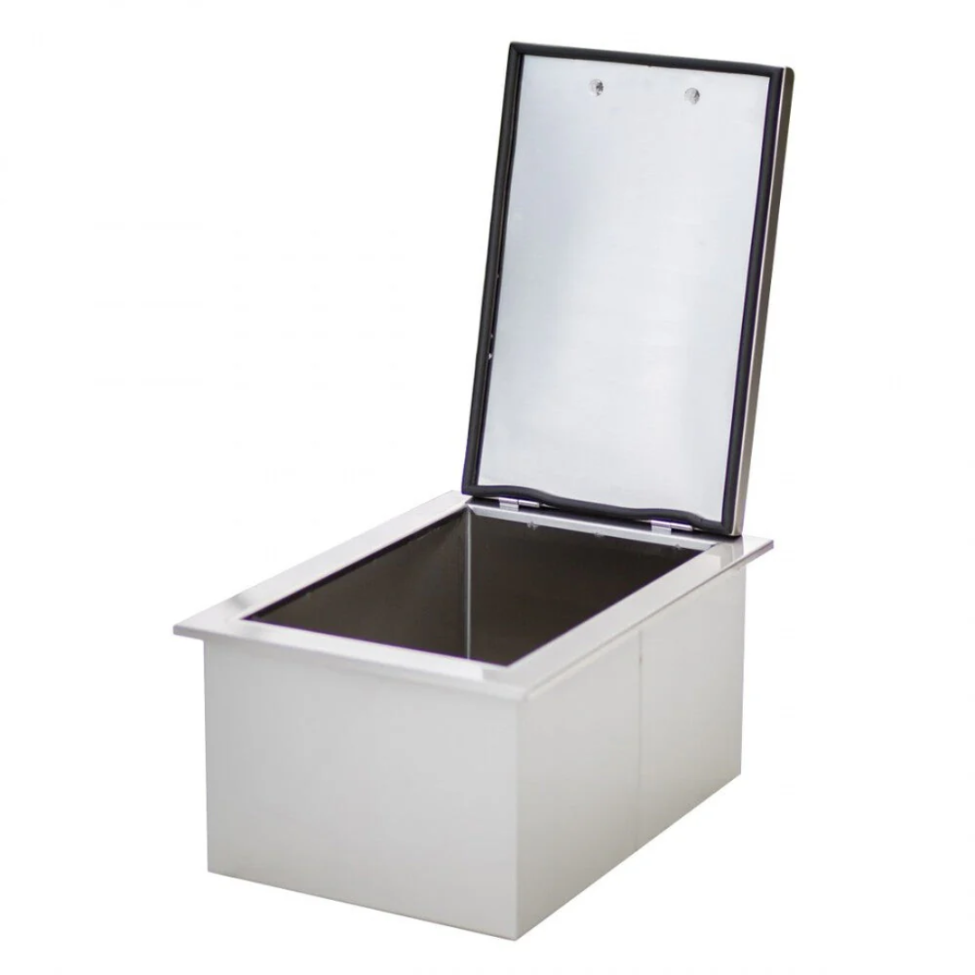 TF-IC-17-A stainless steel drop-in ice bin with hinged insulated lid open, commercial built-in ice chest bar-top ice well for bars, restaurants and outdoor kitchens