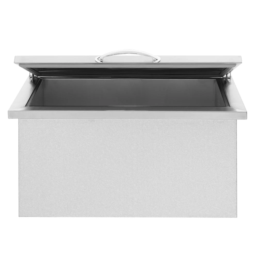 TF-IC-28-A 28-inch stainless steel built-in outdoor ice chest with hinged lid, open-top insulated drop-in cooler for outdoor kitchen and patio bar
