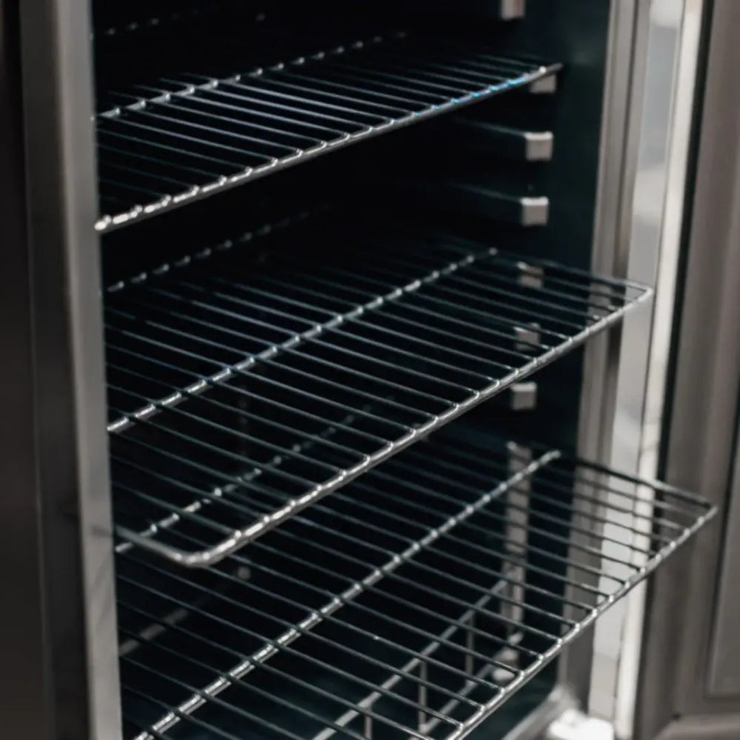 TF-RFR-22S wine cooler interior with adjustable chrome wire shelves and stainless steel door trim, replacement wire shelving for beverage refrigerator
