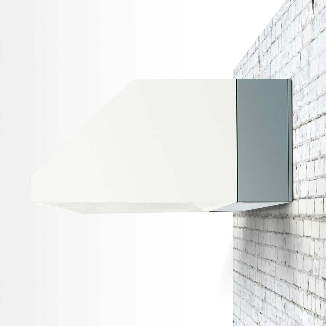 Vine & Flame Ghost 60-inch wall-mounted modern white angled range hood with gray side chimney canopy kitchen vent