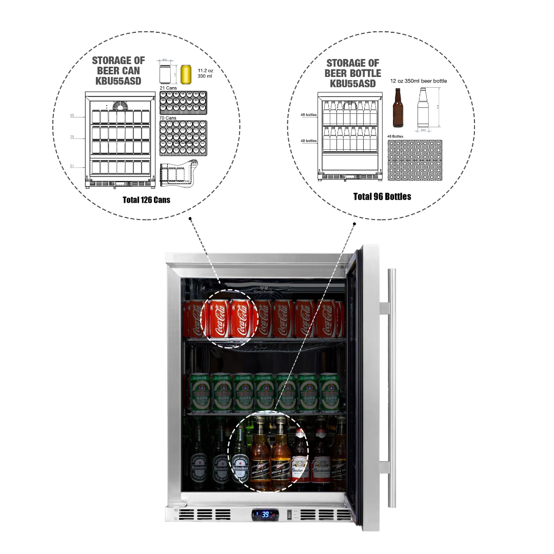 Built-in under-counter outdoor beer fridge KBU55ASD stainless steel glass-door beverage cooler with vertical handle, front-vented LED digital temp display (39°F), three shelves, holds up to 126 cans or 96 bottles for patio/outdoor kitchen bar