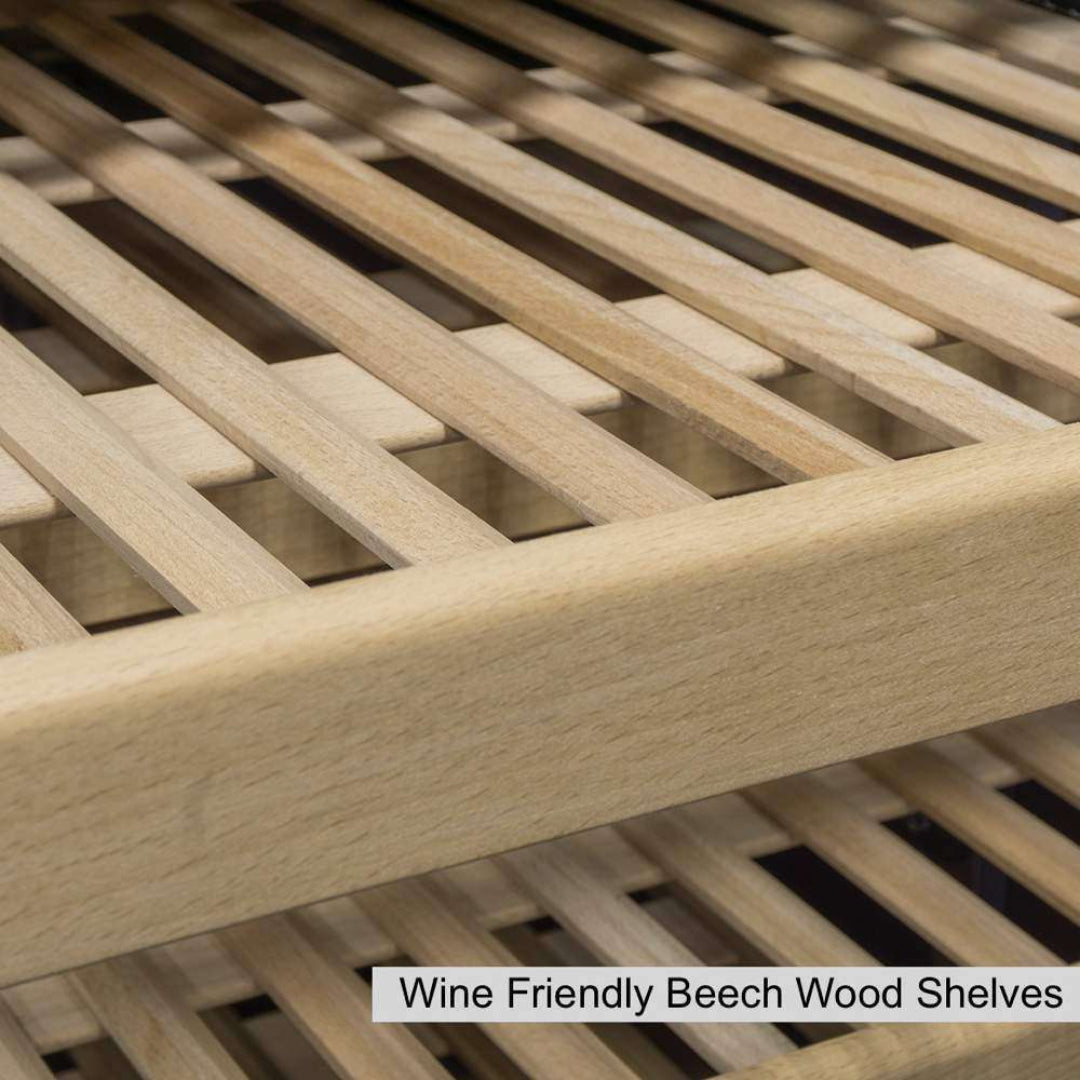 Wine-friendly beech wood slatted shelves for wine cooler and cellar bottle storage